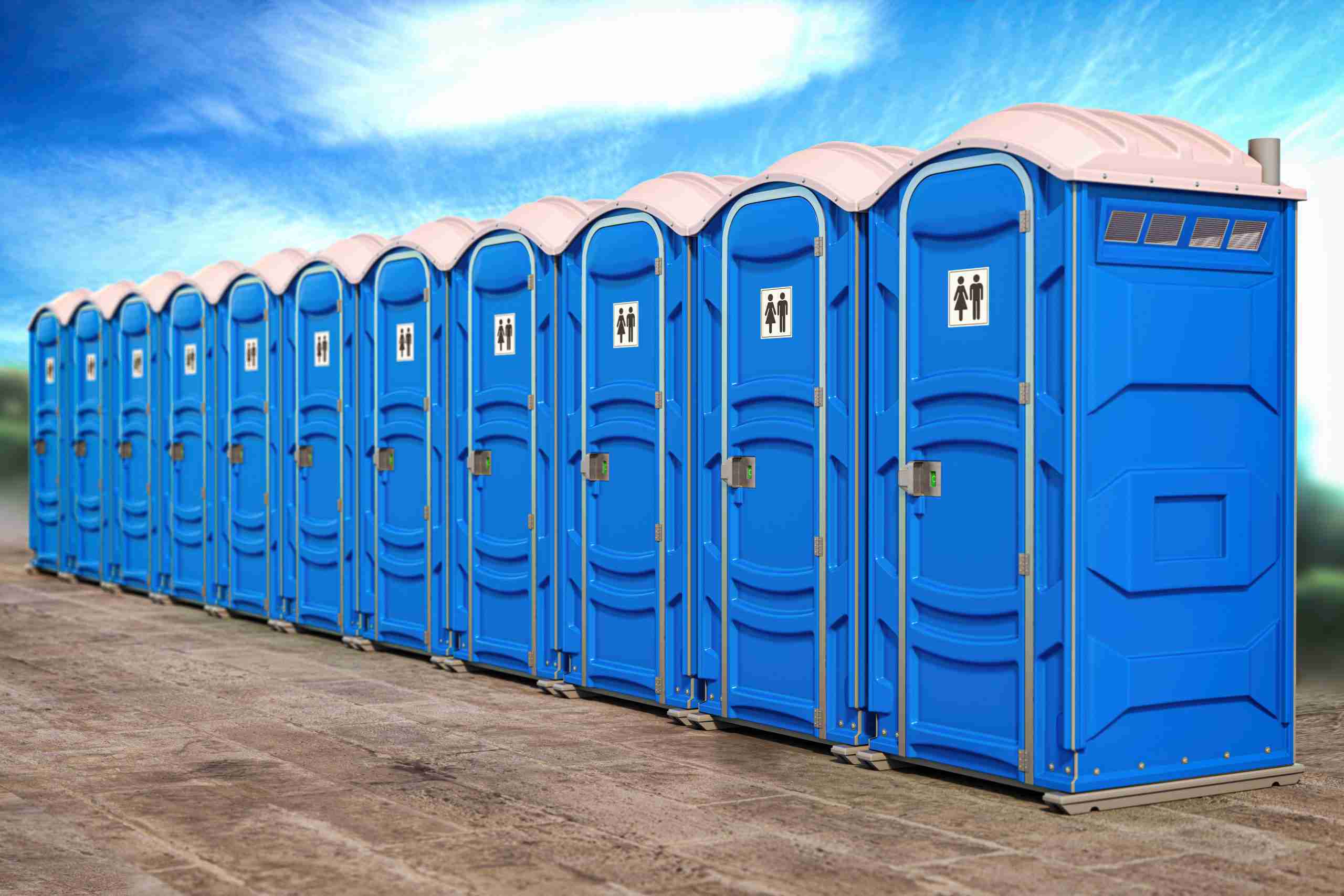 Portable plastic toilets in a row. 3d illustration