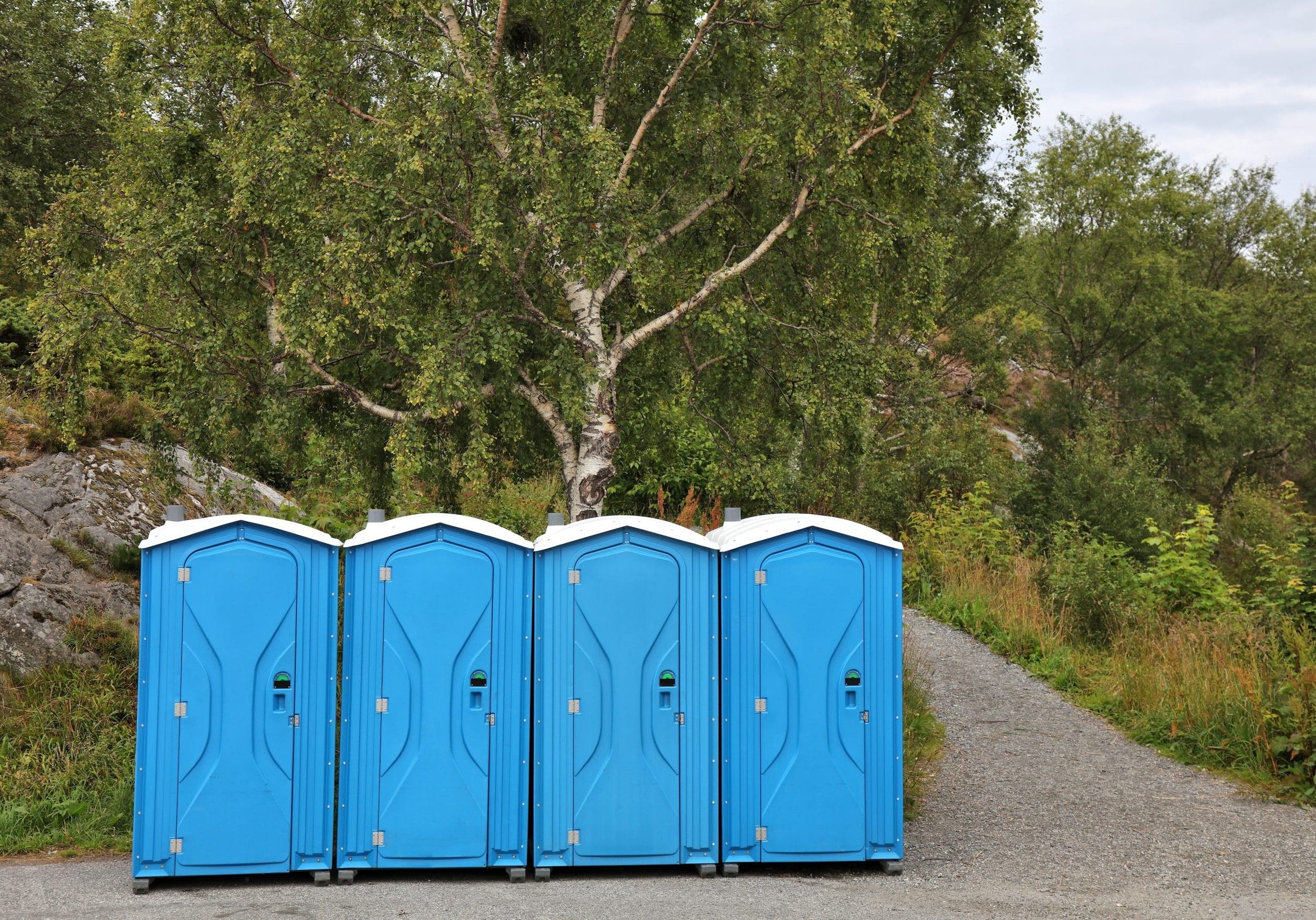 Public toilet row in Norway Public outdoor toilets. Portapotty plastic restroom next to a trail in Alesund, Norway.